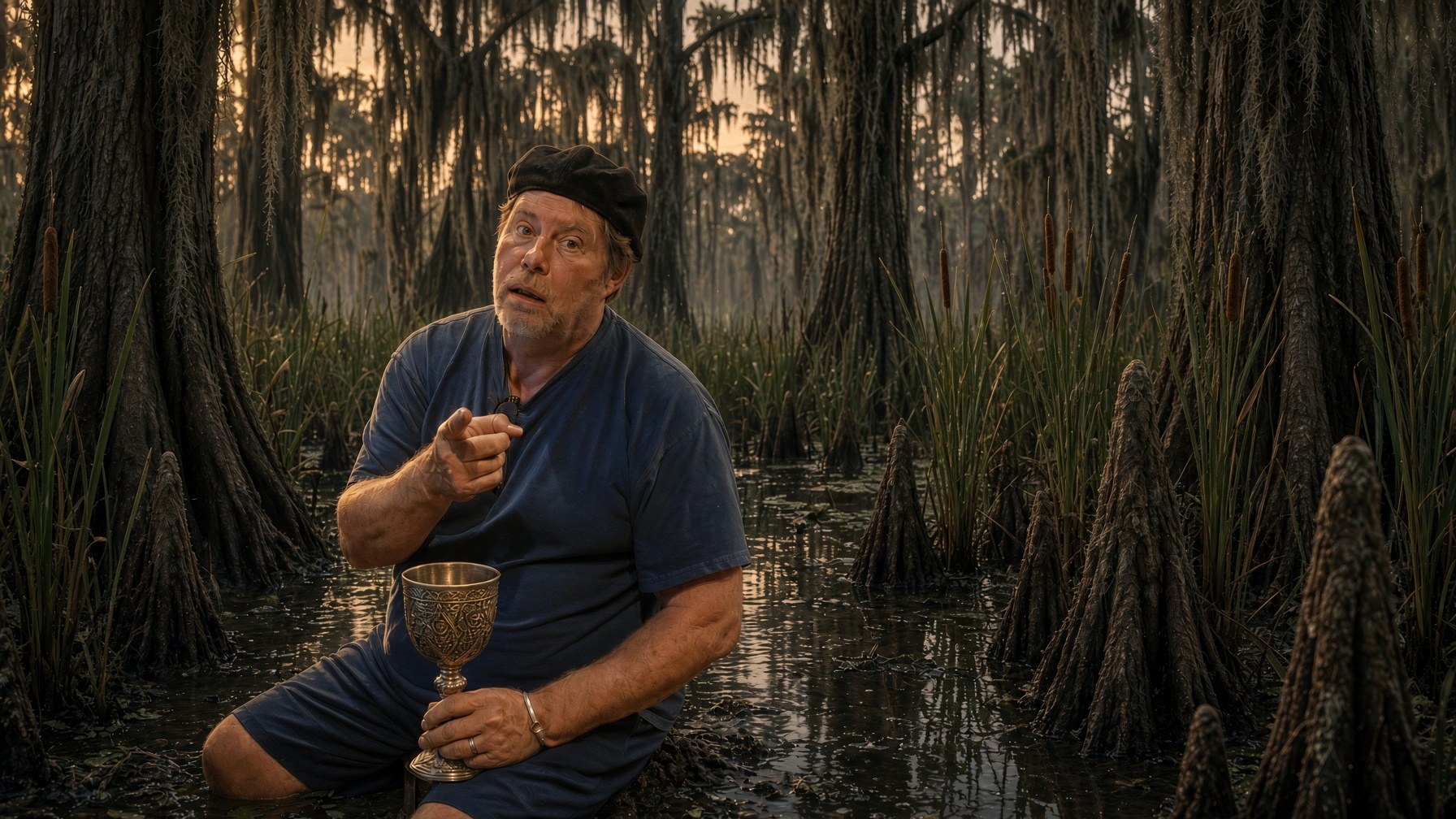 George Blackwell on a bayou bank at dusk, pointing with a silver goblet