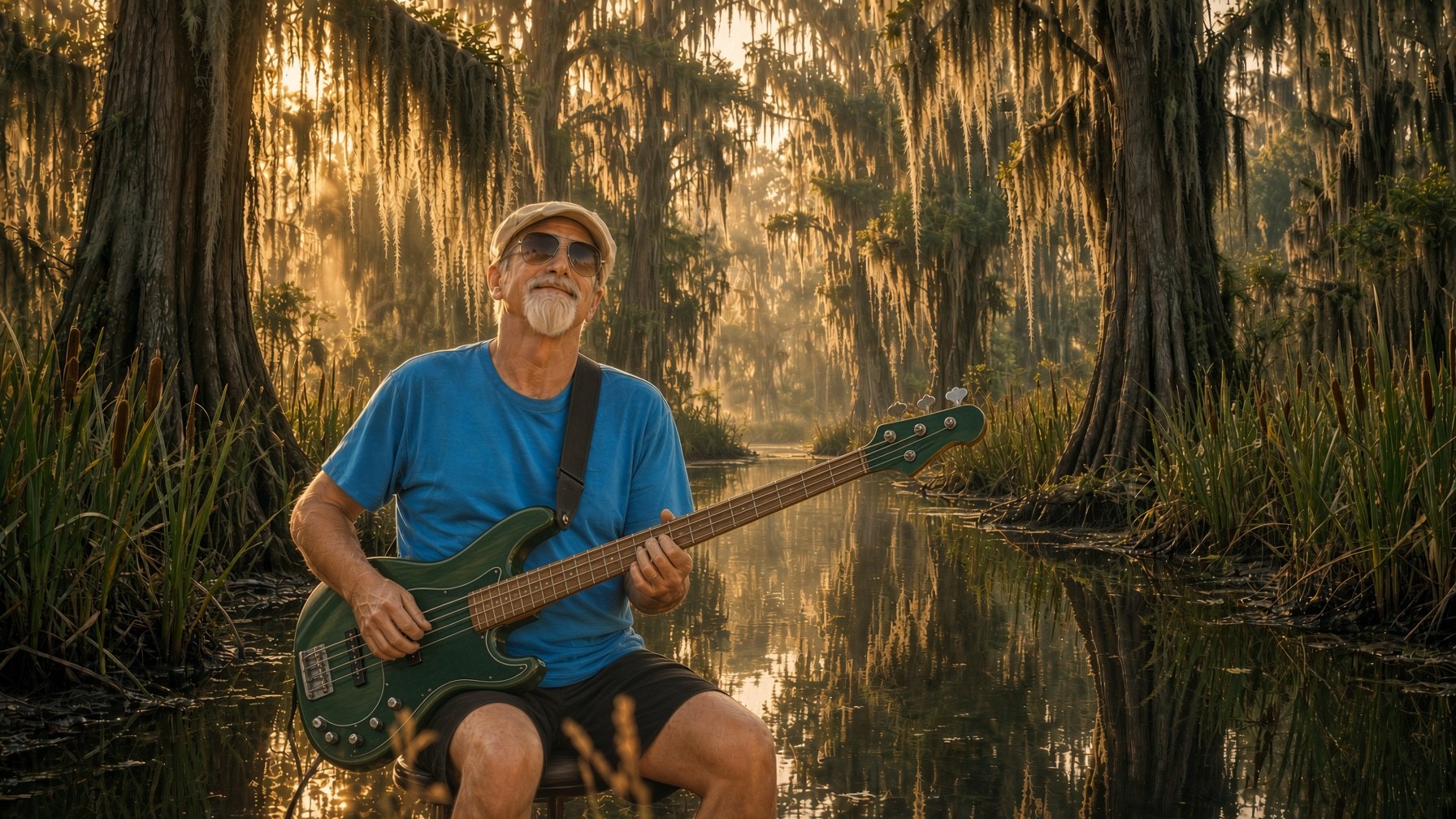 Gerald Wansley in a bayou with a four-string bass