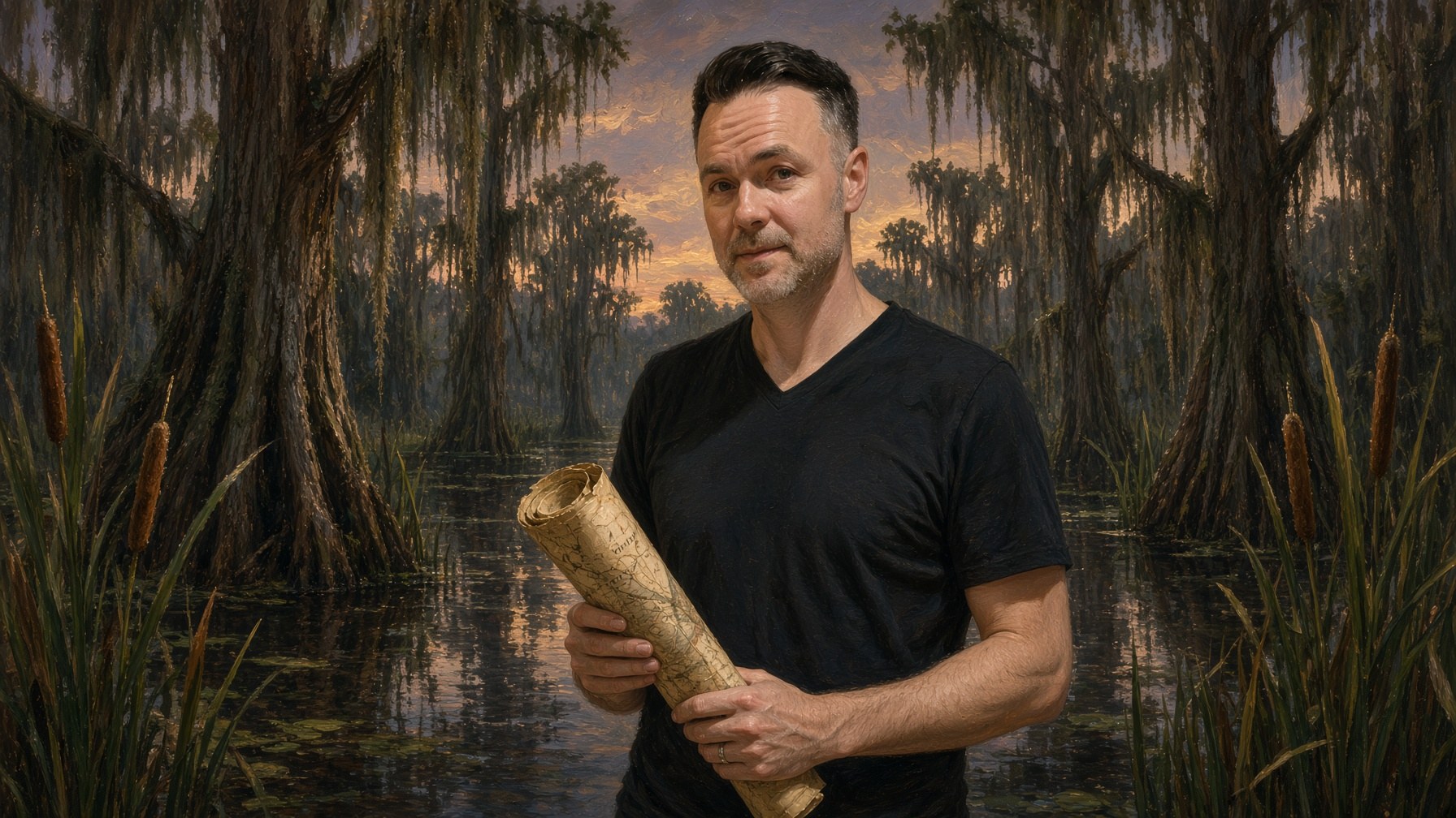 Harvey Lott in a Mississippi bayou holding a treasure map