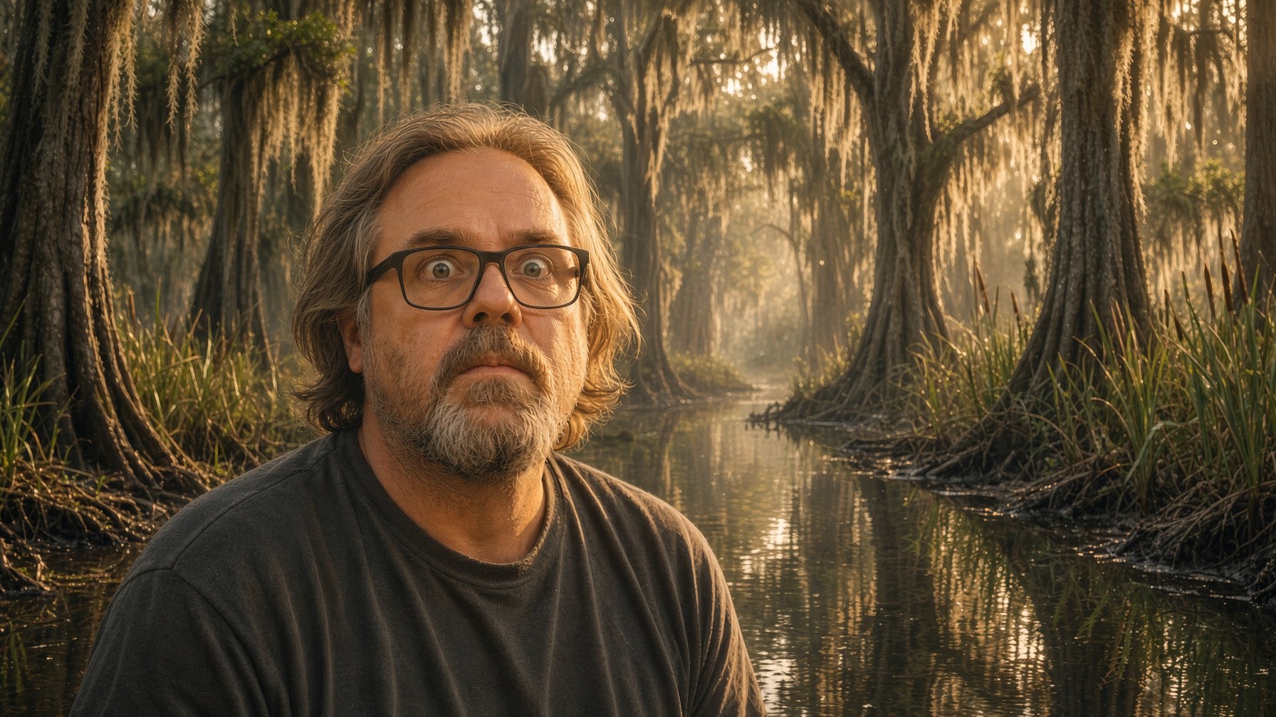 Jody Smith in a cypress bayou, wearing glasses